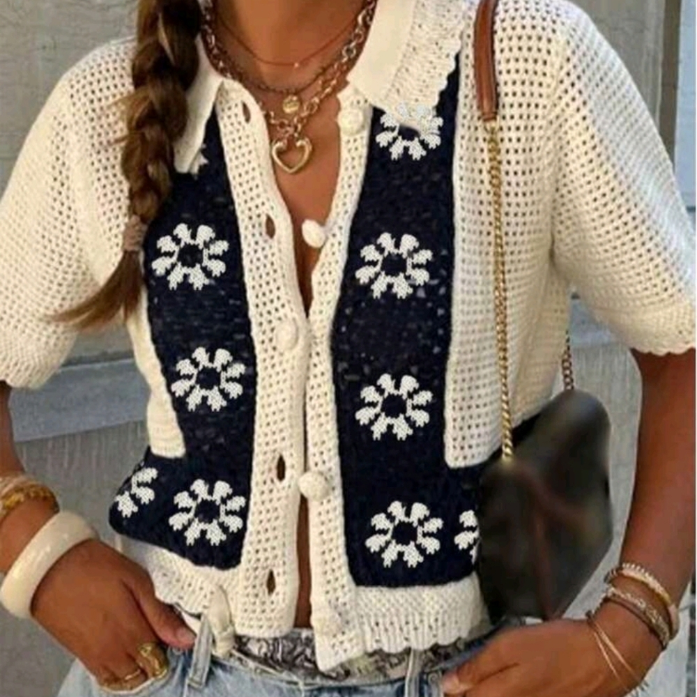 Women's Floral Print Hollow Out Single Breasted Short Sleeve Cardigan - Picture 1 of 6